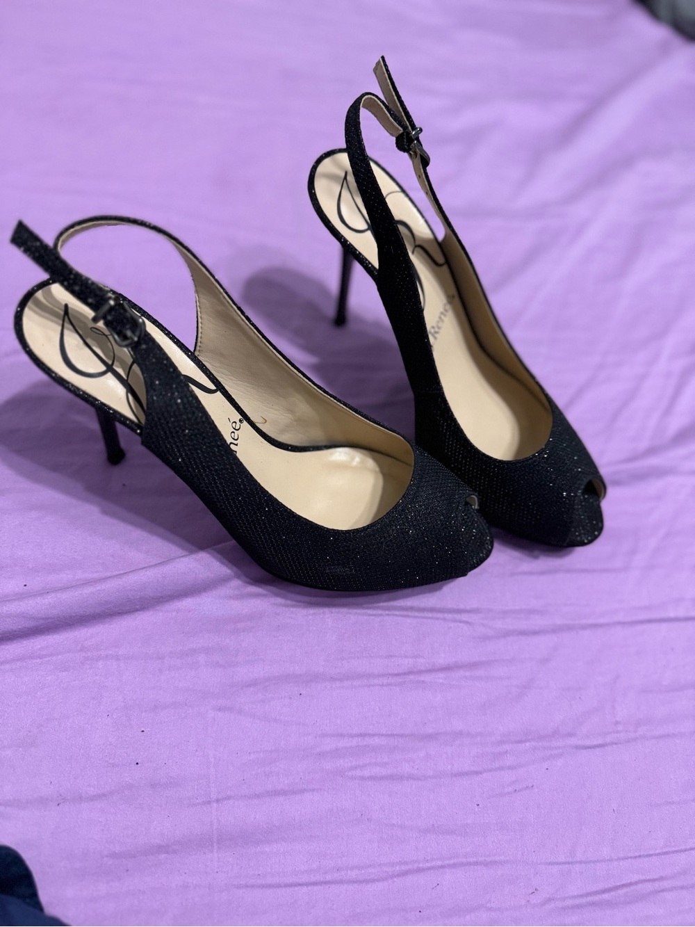 J.Renee Black Sparkle Peep-Toe Slingback Heels